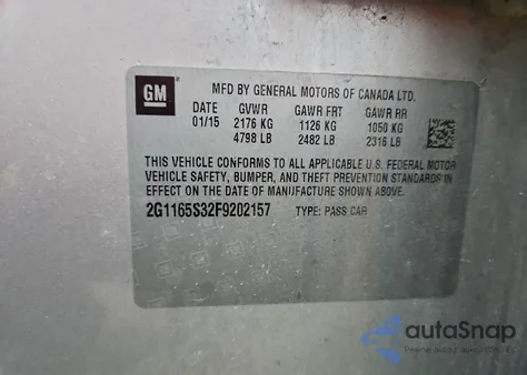 2015 Chevrolet Impala Ltz из США, поврежденный, VIN 2G1165S32F9202157